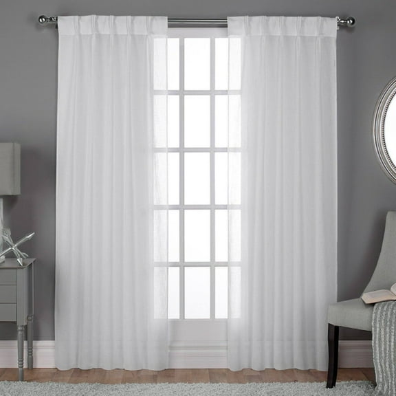 Exclusive Home Belgian Textured Linen Look Sheer Pinch Pleat/Hidden Tab Top Curtain Panel Pair, 84" Length, Winter White