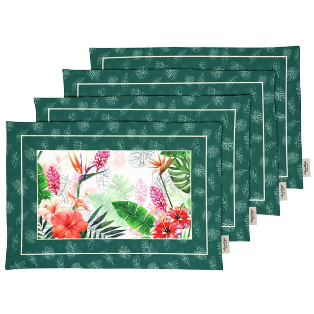 Vargottam Napperons - Ensemble de Table pour Table à Manger, Ensemble de 4 - Imprimé & Réversible Serviette en Coton - Napperons d'Intérieur pour Maison & Cuisine Table à Manger - Floral Tropical (Vert Sarcelle)