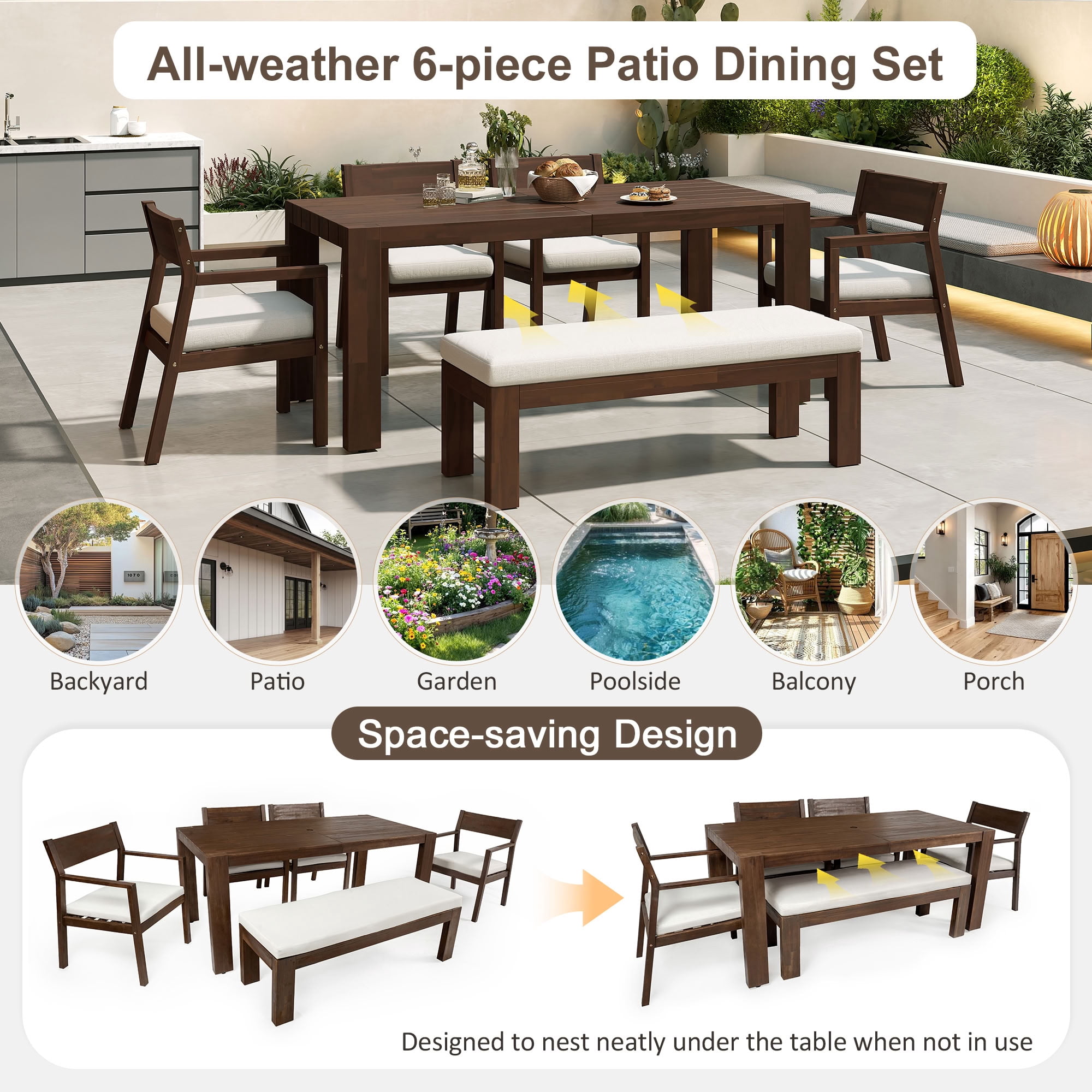 MAYEERTY Patio Dining Table Set for 6, Outdoor Furniture Sets with Umbrella Hole, 71" Rectangular Table, Chairs and Bench for Backyard, Garden