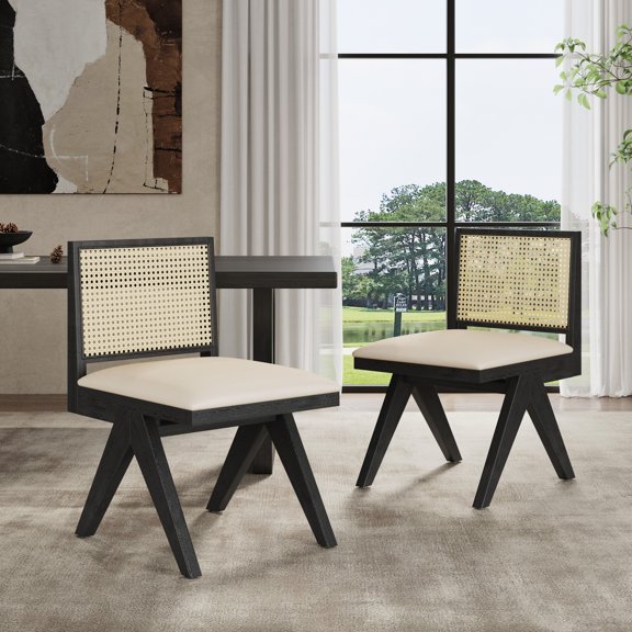 Christopher Knight Home Mid-Century Modern Rattan Dining Chairs, Solid Wood Frame, Upholstered Seat, Black, Set of 2