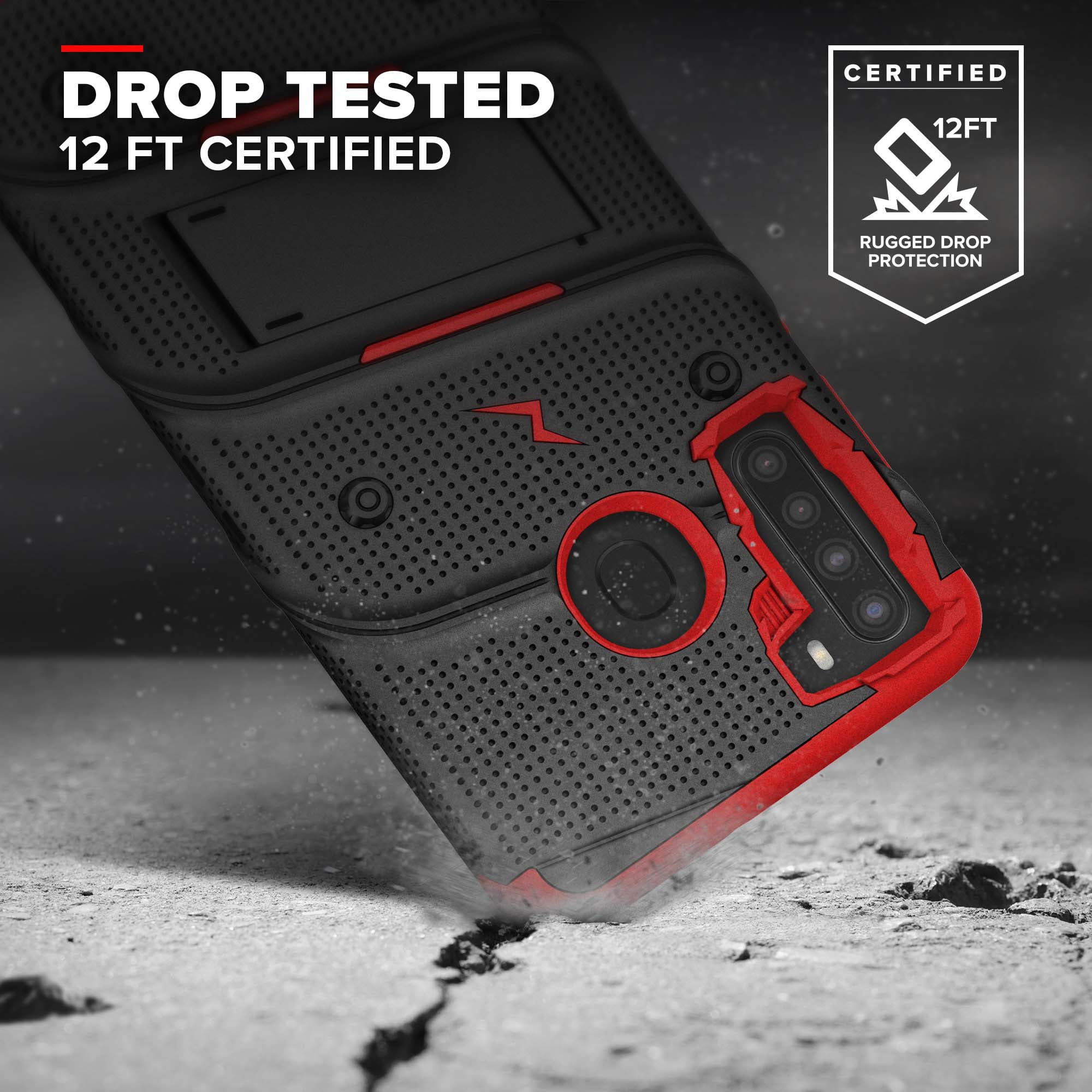 ZIZO BOLT Series for Samsung Galaxy A21 Case with Screen Protector Kickstand Holster Lanyard - Black & Red