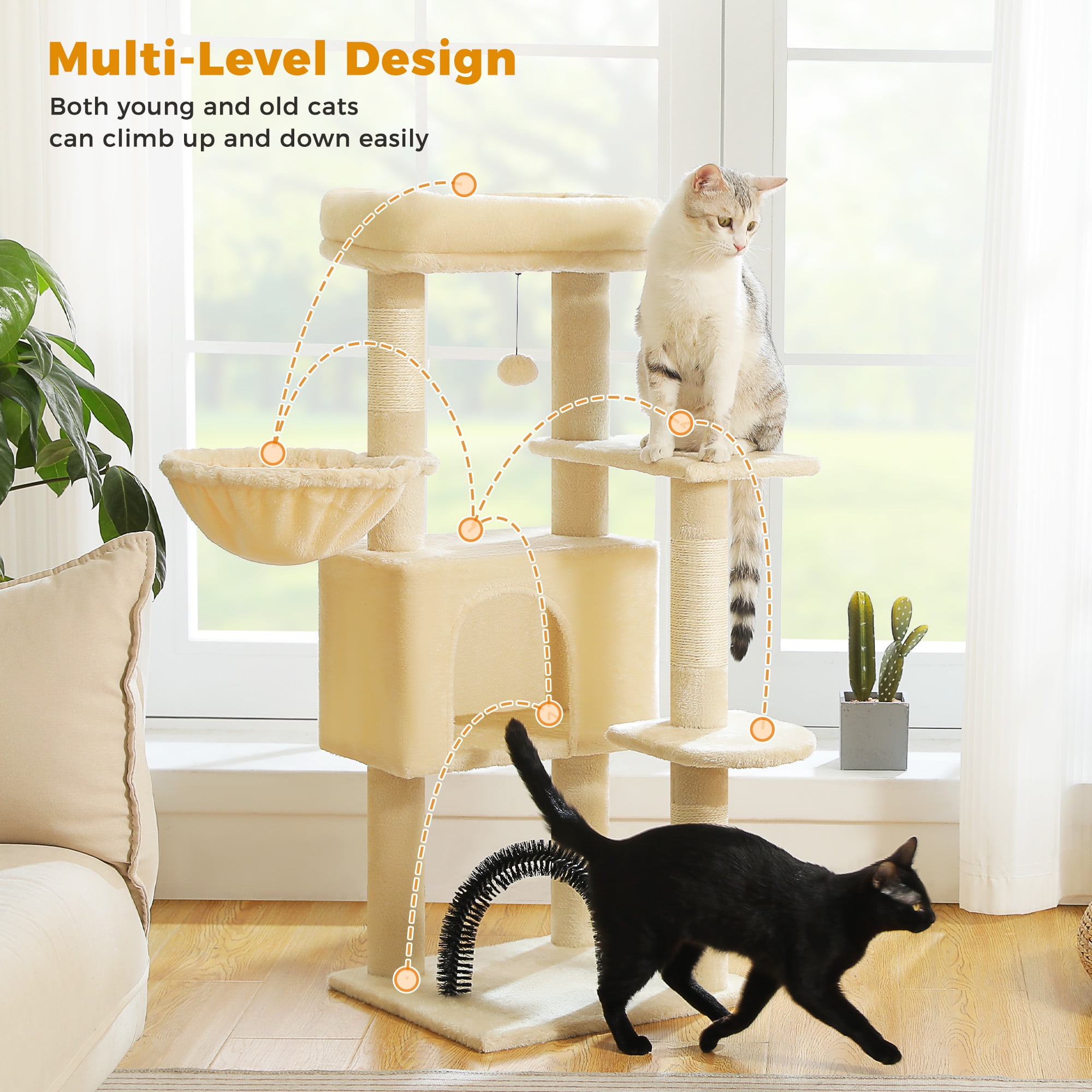 PAWZ Road 42" Cat Tree Condo With Large Perch Scratching Posts for Indoor Cats, Beige