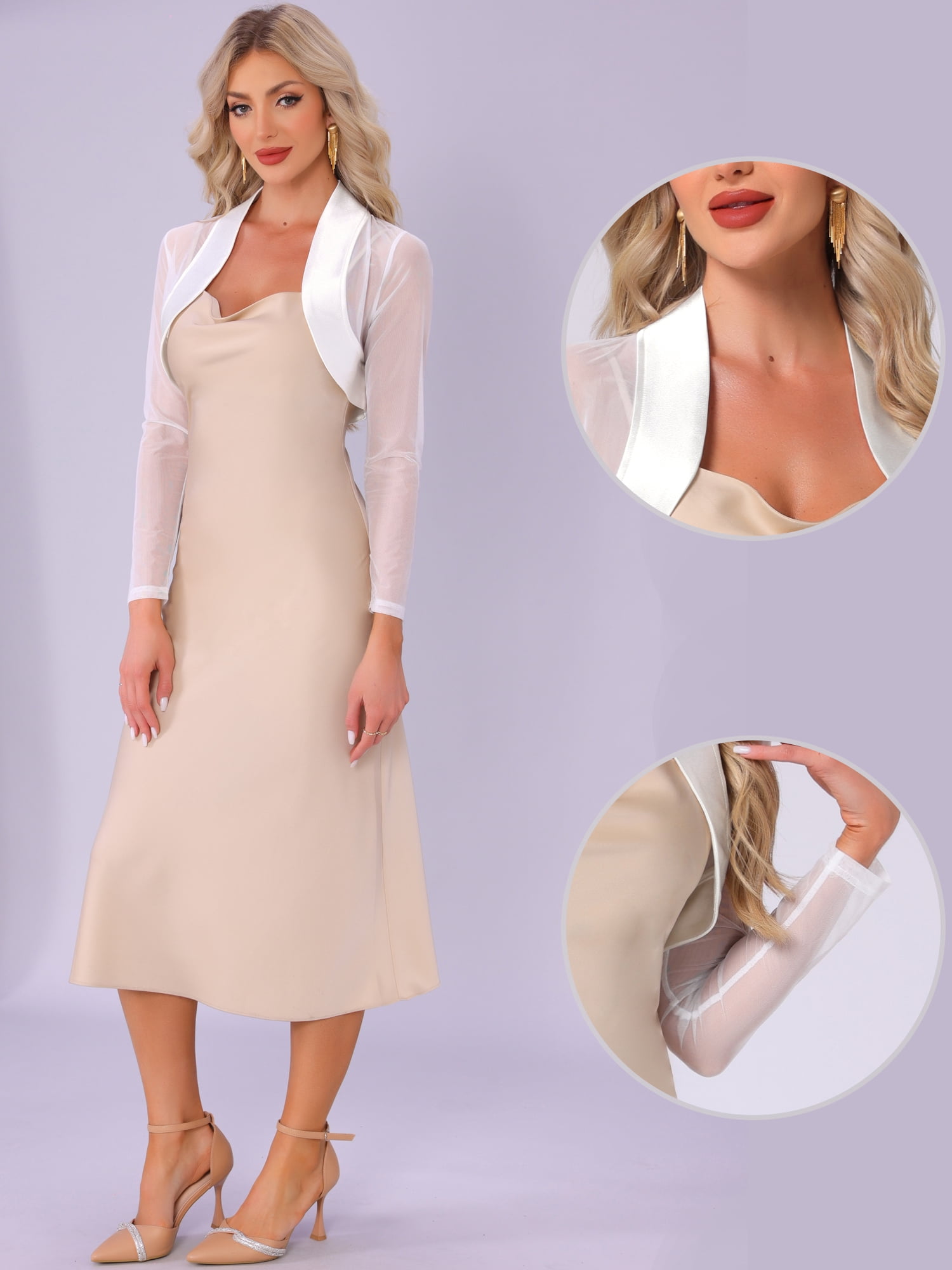 DARING DIVA Women's Mesh Coverup Open Front Long Sleeve Satin Shrug XL White