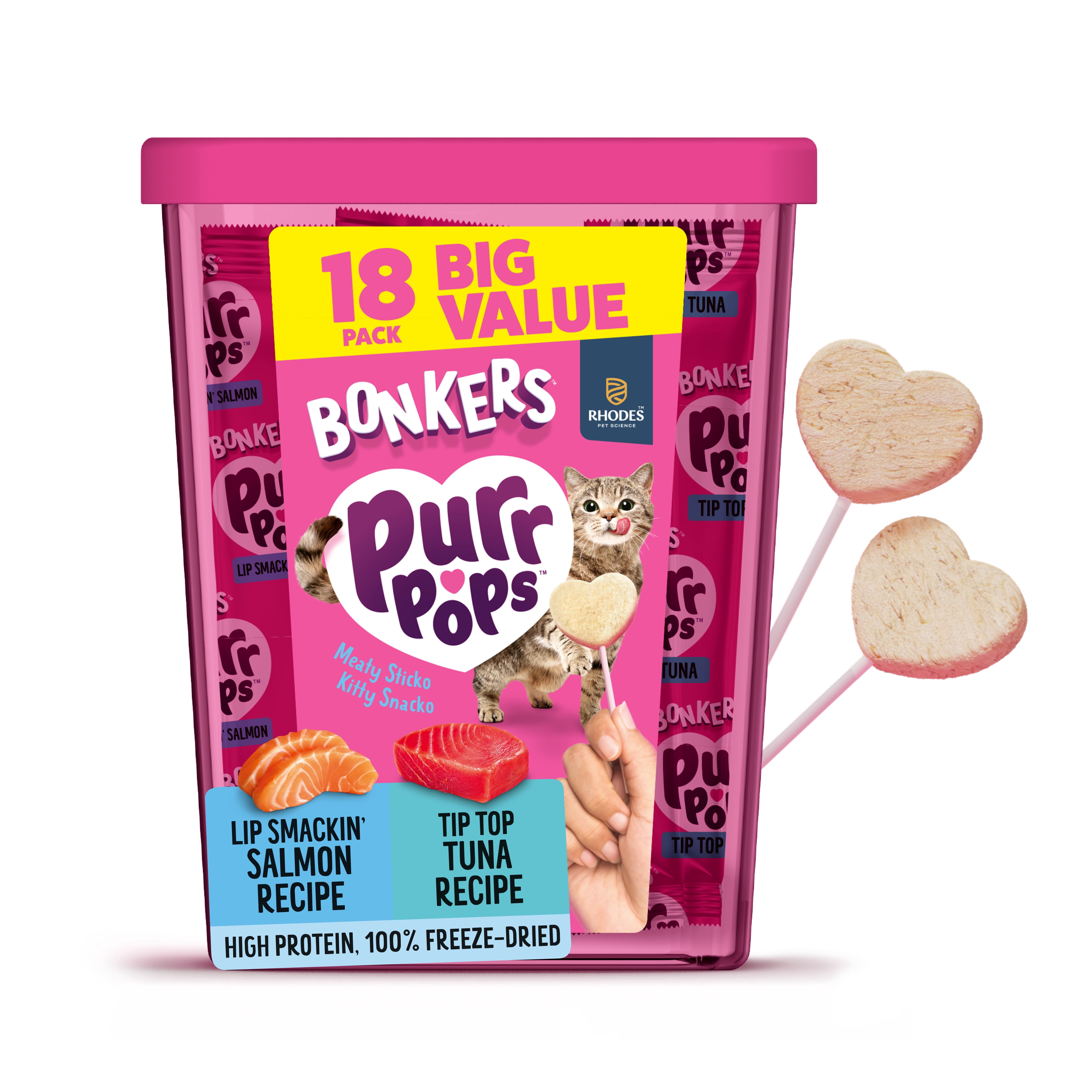 (4 pack) BONKERS Purrpops, Freeze Dried Tuna & Dried Salmon Lollipops Cat Treats, 18 Pieces