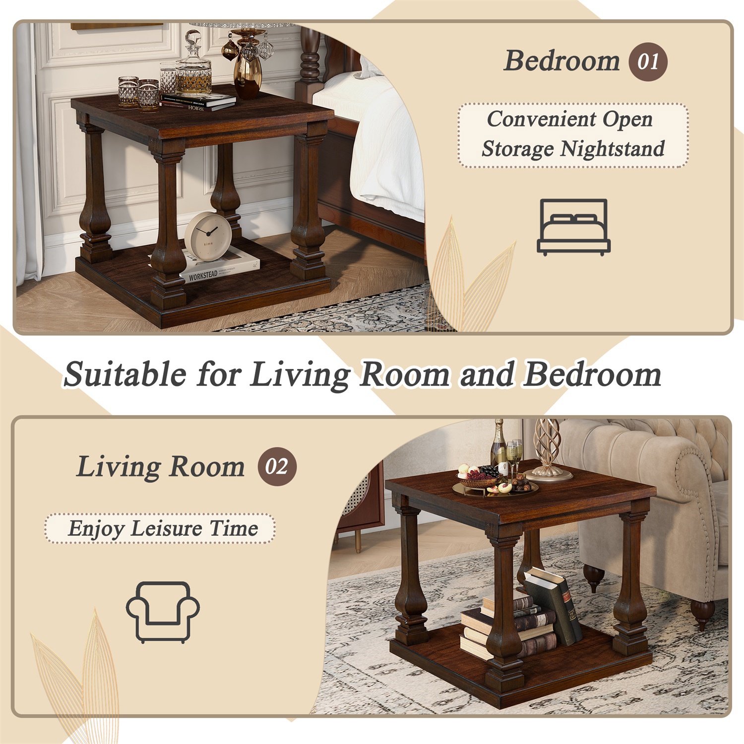 Hommoo 24.8" Farmhouse Wood End Table with Storage Shelf, Vintage 2-Tier Square Nightstand for Living Room, Bedroom & Entryway, Walnut