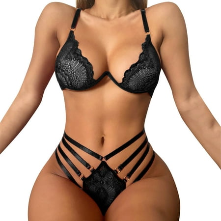 

Lingerie Crotchless Sheer Floral Pajamas High Waist and Two Piece Nightwear Underwear Bra and Panty Sets for Women Black
