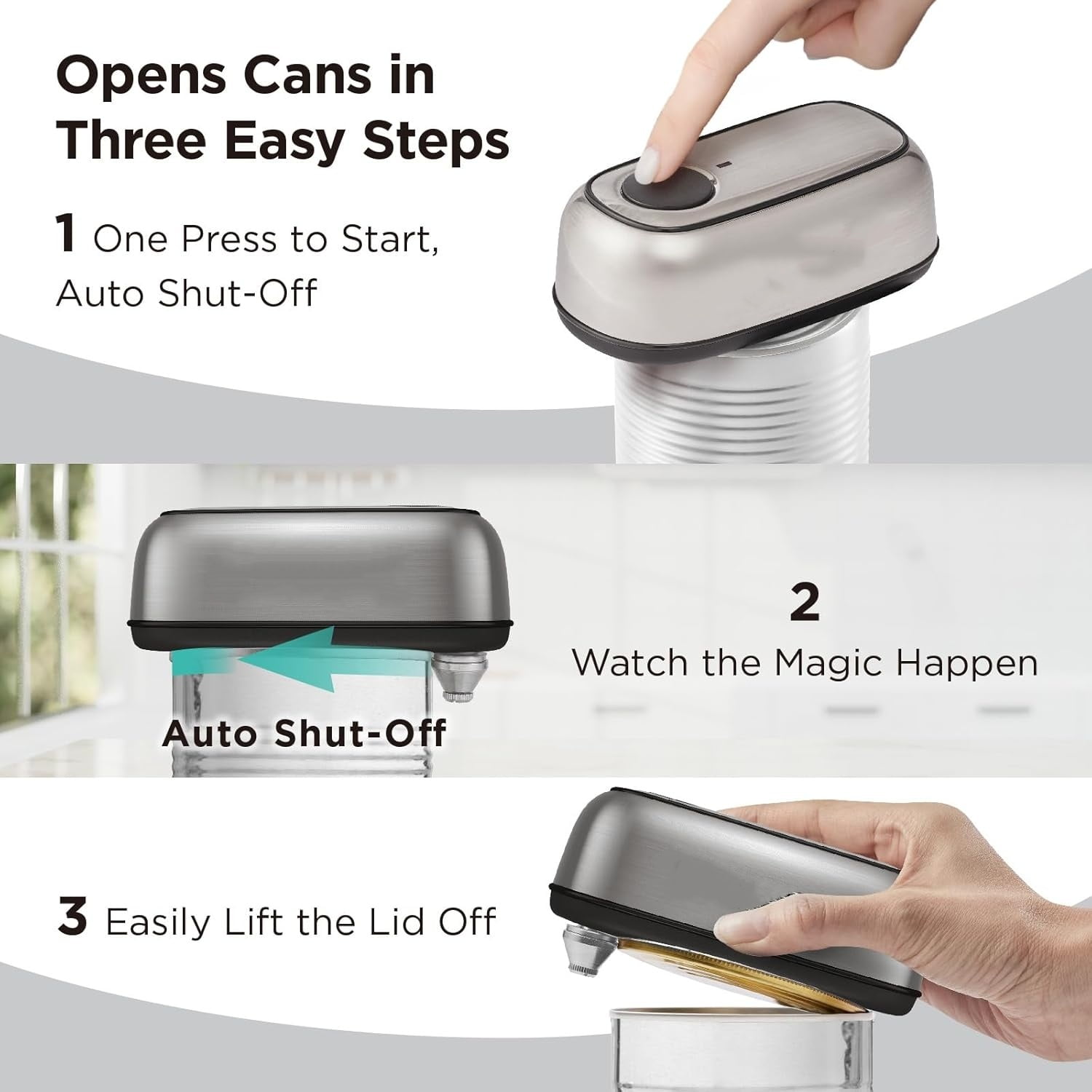 Orbit One Stainless Steel Rechargeable Electric Can Opener: Hands-free, USB-C Charging, Automatic Stop, Smooth Edge, Safety, Blade for Large Cans, Heavy Duty, Soda Can and Pop Can