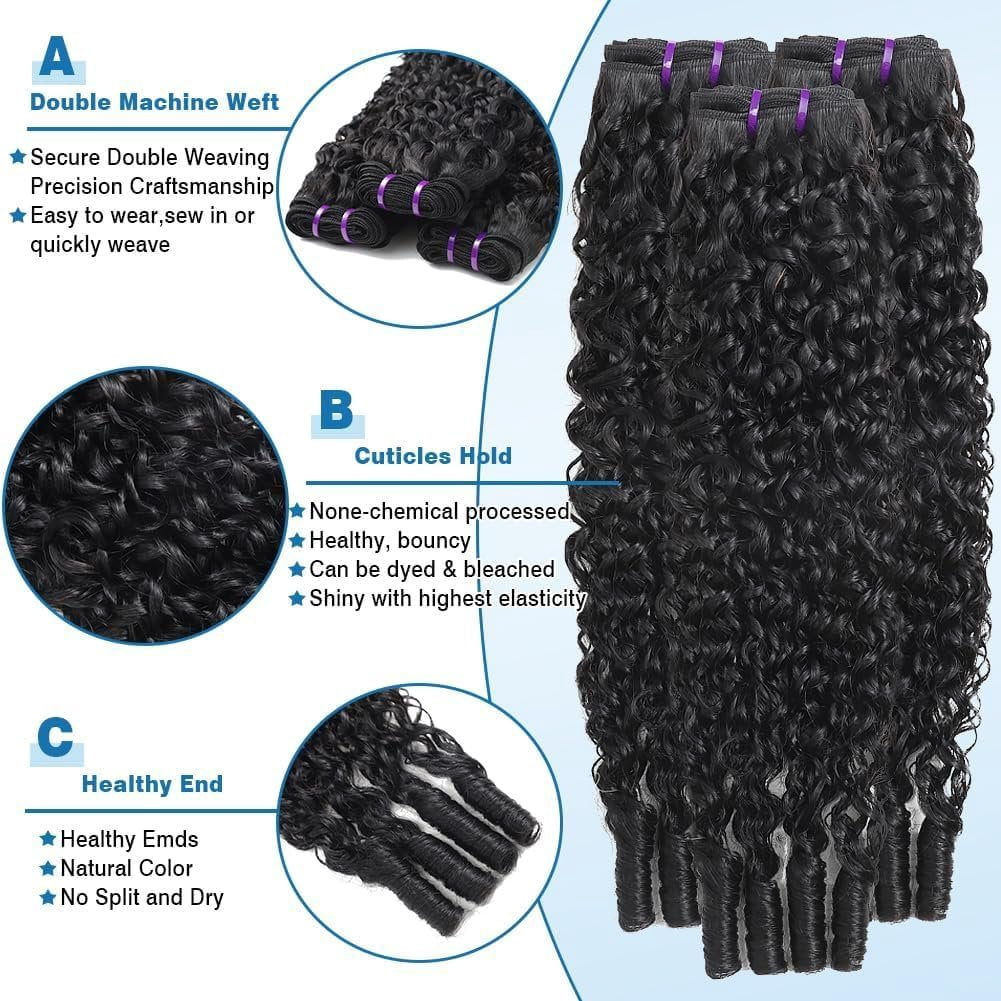 Curly Human Hair  Burmese Curly  Human Hair  Unprocessed Wet And Wavy 3 (16 18 20 Inch)with Spiral End 14A Water Wave Bundle Quick Weave Hair for Women  Black