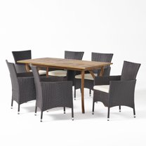 GDF Studio Carlos Outdoor Acacia Wood and Wicker 7 Piece Dining Set with Cushion, Teak, Multibrown, and Beige