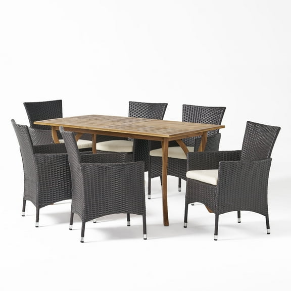 GDF Studio Carlos Outdoor Acacia Wood and Wicker 7 Piece Dining Set with Cushion, Teak, Multibrown, and Beige