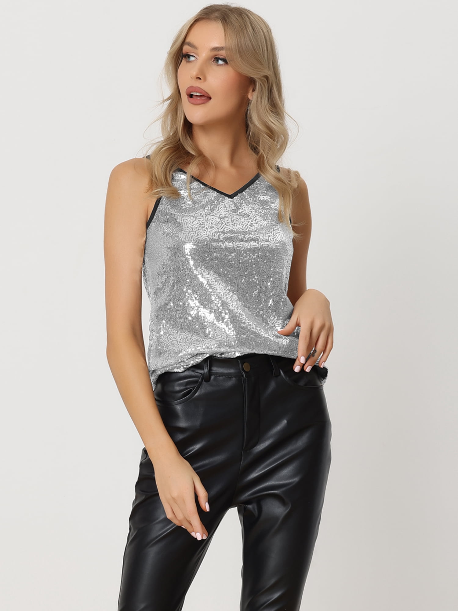 DARING DIVA Women's Sequin Sparkle Shining Glitter Cami Top XS Silver