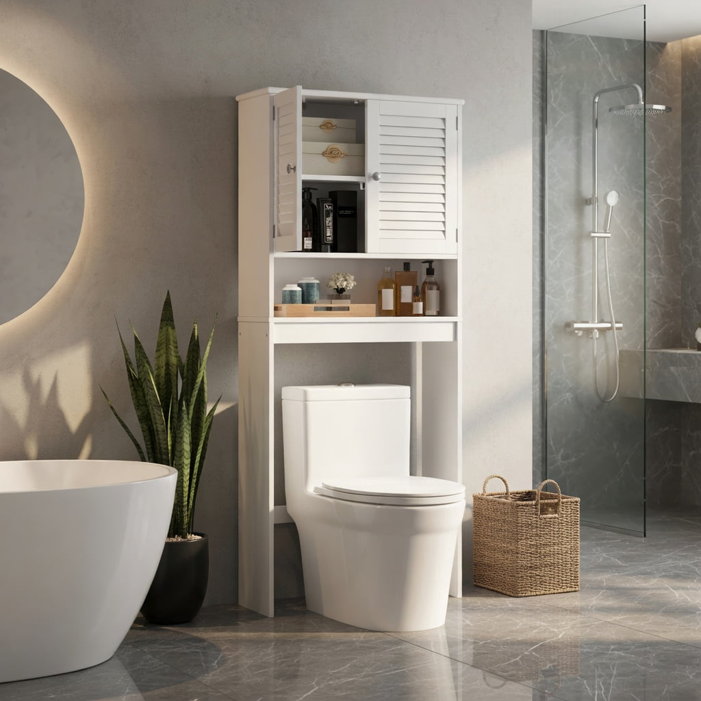 Hommoo Over the Toilet Storage Cabinet with Adjustable Shelf, Double Louvered Doors, MDF Bathroom Organizer for Small Spaces, White