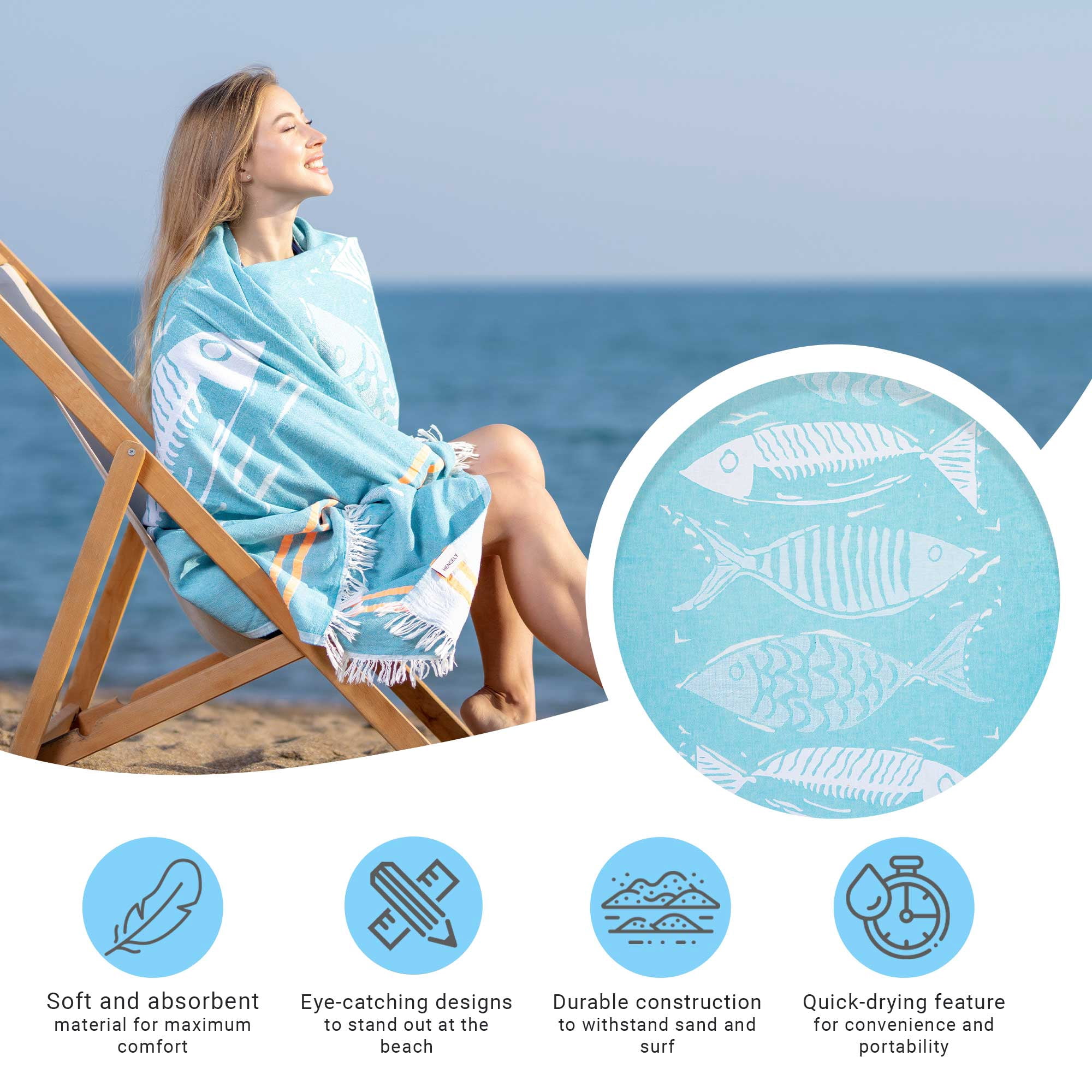 Hencely Beach Towels, 100% Cotton Soft Turkish Large Beach Towel 37 x 68 Inches for SPA, Beach, Pool, Gym and Bathroom (Aqua Fish)