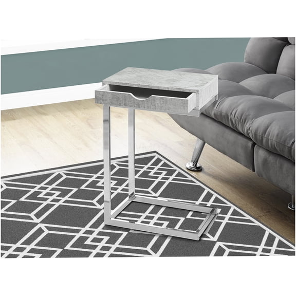 Modern Grey Laminate C-Shape End Table with Storage Drawer, Chrome Metal Base, Contemporary Accent Table for Living Room and Bedroom