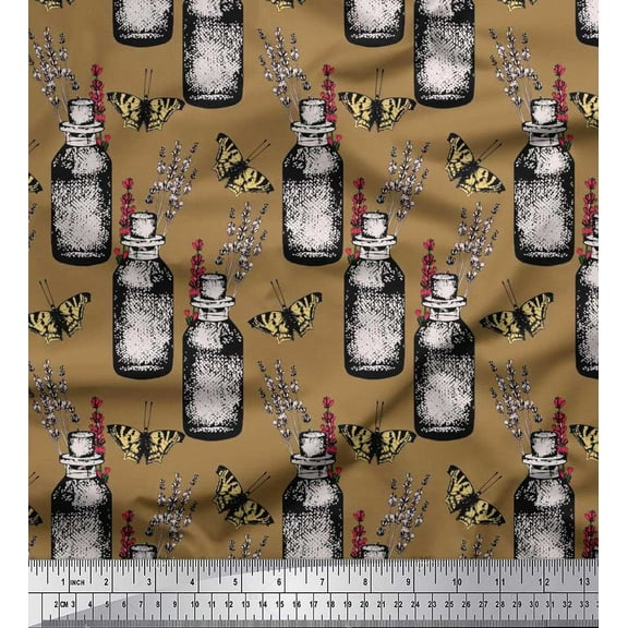 Soimoi Brown Cotton Duck Fabric Insect,Lavender & Vintage Bottle Print Fabric by Yard 42 Inch Wide