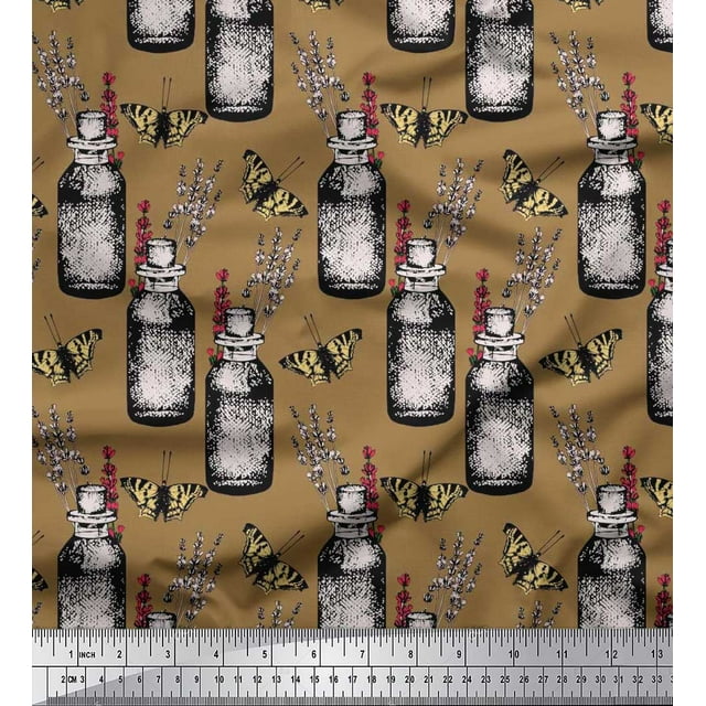 Soimoi Tissu Satin Modal Brun Insecte, Lavande et Décor Vintage de Bouteille Tissu Imprimé BTY 42 Pouces de Large