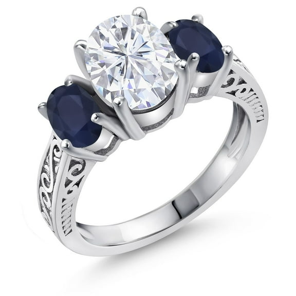 Gem Stone King 3.21 Cttw White Moissanite and Blue Sapphire 3-Stone Ring for Women | 925 Sterling Silver | Oval 9X7MM and 6X4MM | Three Stone Wedding Engagement Anniversary Promise Ring (Size 8)