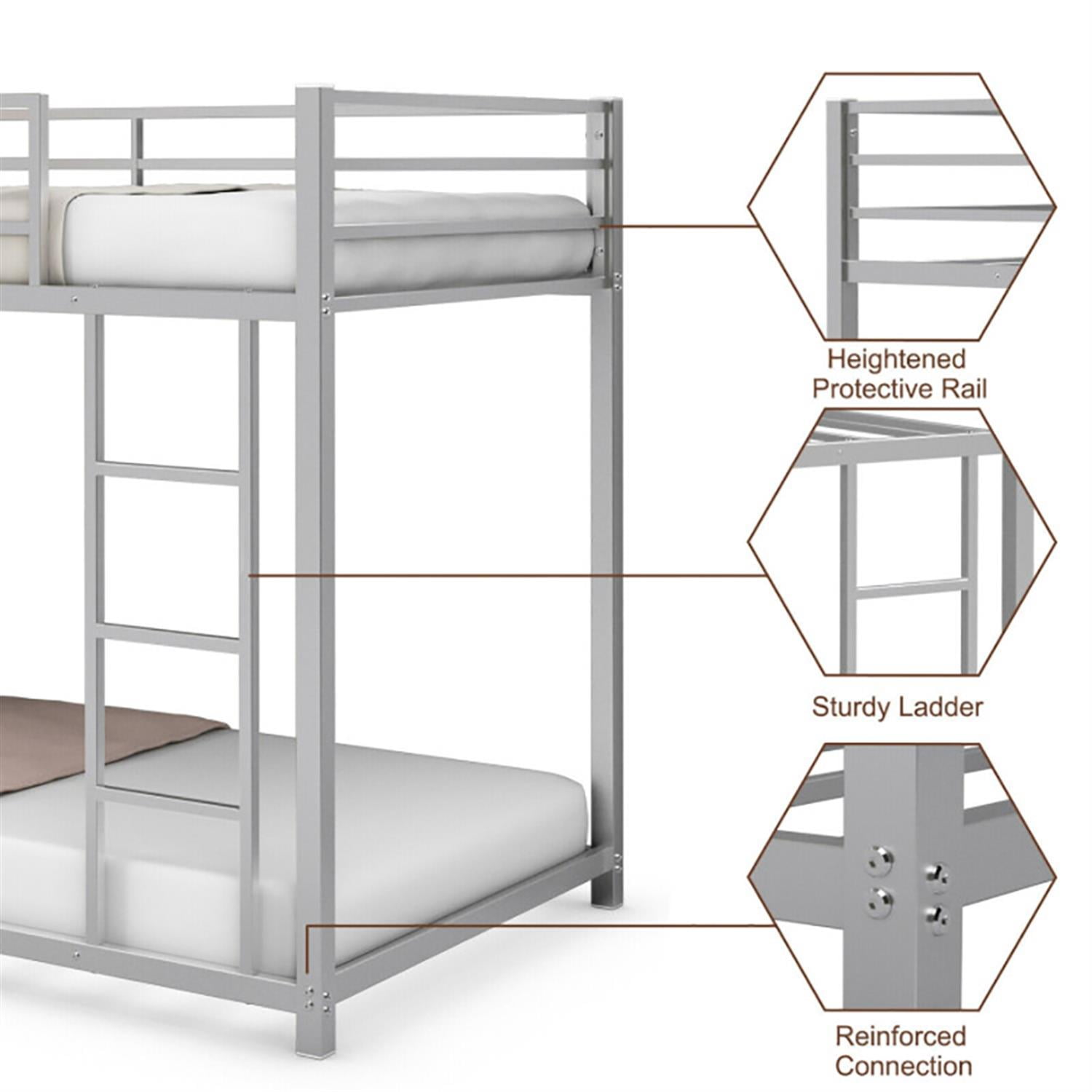 Demi Bonn Twin Over Twin Bunk Bed with Safety Guard Rails and Side Ladder, Twin Bunk Beds, Sturdy Metal Bed Frame No Box Spring Needed, Silver