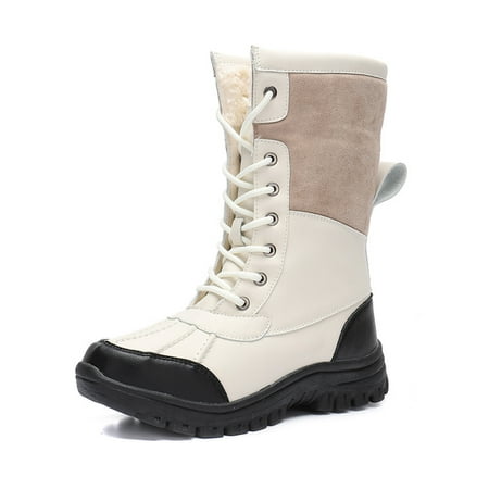 

Ferndule Women Duck Boot Mid Calf Snow Boots Plush Lining Winter Shoes Comfort Lace Up Walking Round Toe Casual White 8