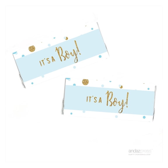 Baby Blue Gold Glitter Baby Shower Hershey Bar Labels, 10-Pack