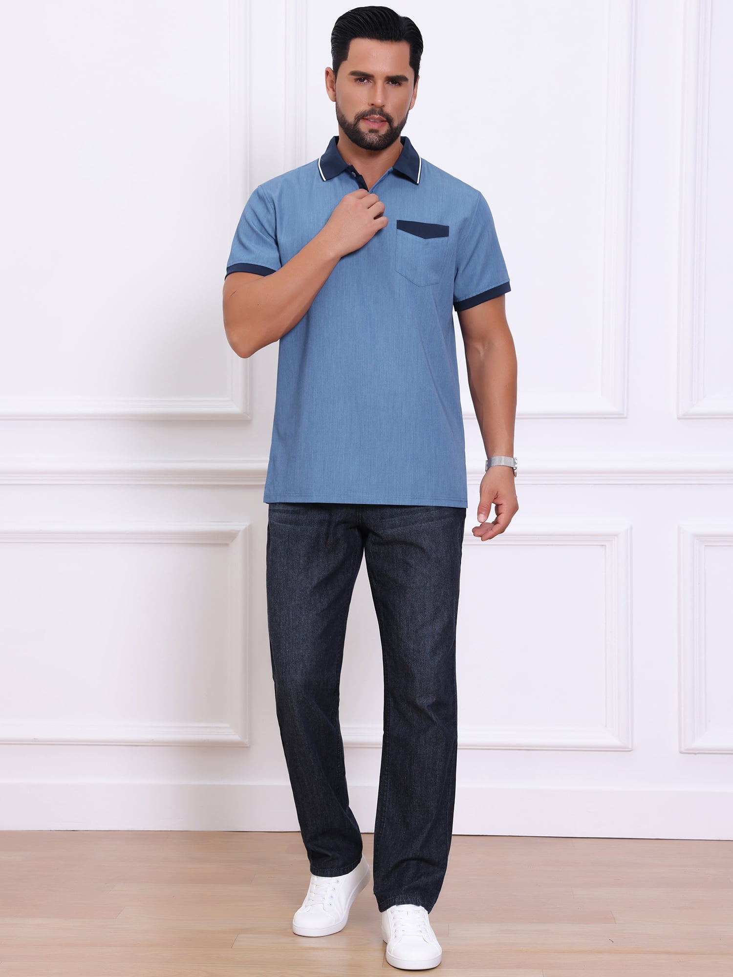 DARING DIVA Men's Short Sleeve Western Retro Stretch Color-Block Polo Shirts S Blue