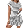 thumbnail image 3 of Short Sleeve Stripe Print Women 2 Pieces Lounge Sets Tops and Shorts Pants Sets, 3 of 6