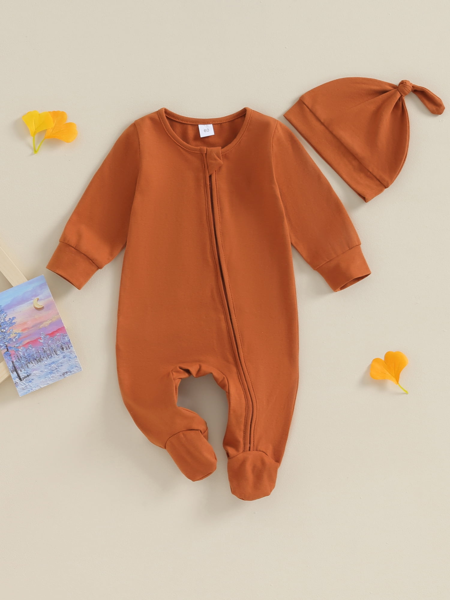 GXFC Preemie Boys Girls Fall Clothes 3M 6M Newborn Boys Long Sleeve Zipper One Piece Jumpsuits Bodysuit with Hat Outfits Autumn Clothing for Infant Boys