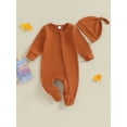 thumbnail image 2 of xiaxaixu Baby Girls Boys Footies Rompers Infant Clothes Solid Color Crew Neck Long Sleeve Zipper Fall Bodysuits with Hat, 2 of 9