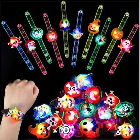 Monebena Halloween Party Favors 24 Pack Halloween Light Up Bracelets Halloween Prizes Toys Halloween Bag Fillers Flashing Halloween Treats Non Candy Glow in the Dark Party Supplies for Boys Girls M01