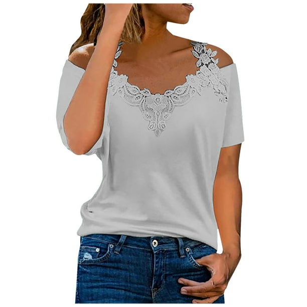 Off the Shoulder Tops for Women Short Sleeve Lace Crochet V Neck Plain ...