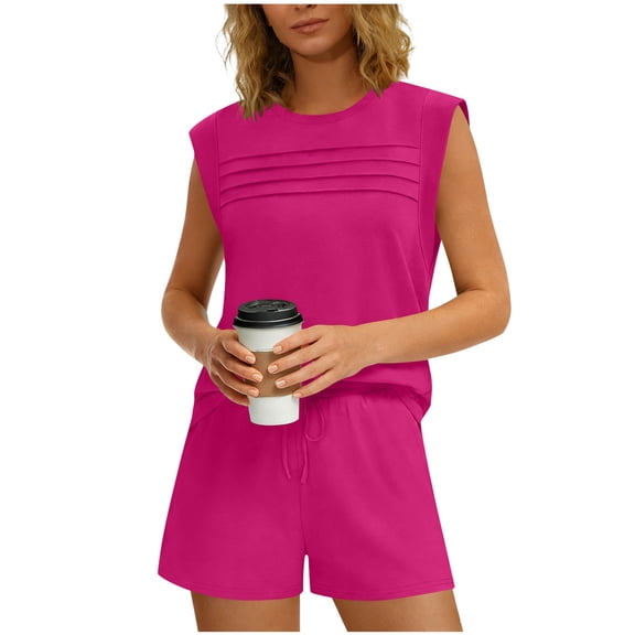 Enjoytime Travel Outfits for Women Cap Sleeve Pleated Round Neck Tops with Shorts Lounge Sets Summer Beach Casual Matching Set