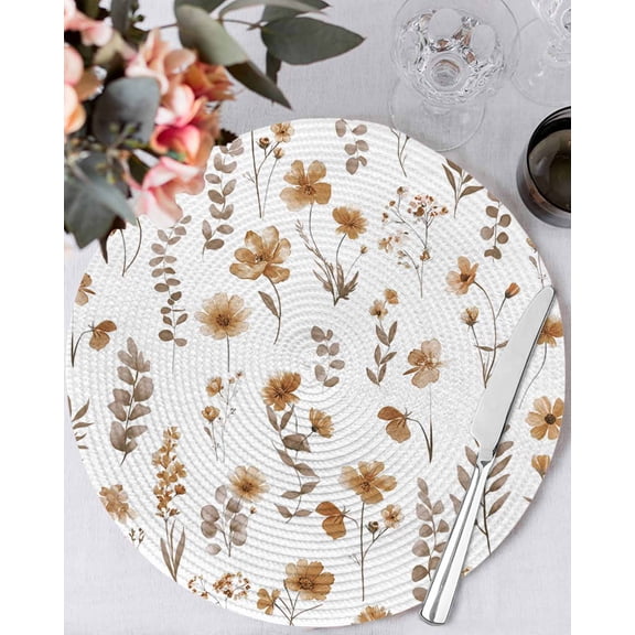 15 Inch Round Placemats Set of 6, Brown Spring Floral Non Slip Heat Insulation PP Table Mats, Flowers Leaves Elegant Pastoral Washable Place Mats for Kitchen Dining Party Table Decor