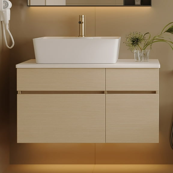 31.5" Floating Bathroom Vanity with Ceramic Vessel Sink | Modern White & Wood | Solid Wood Top | Soft-Close Drawer & Cabinet | Wall-Mounted for Small Bathrooms | Includes Drain