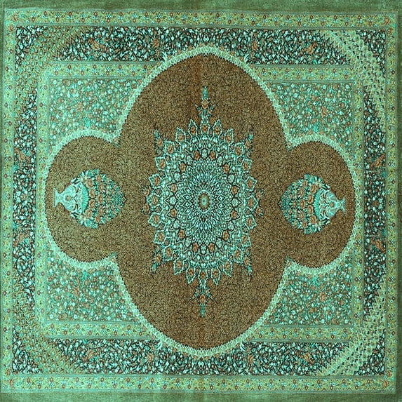 Ahgly Company Machine Washable Indoor Square Medallion Turquoise Blue Traditional Area Rugs, 5' Square