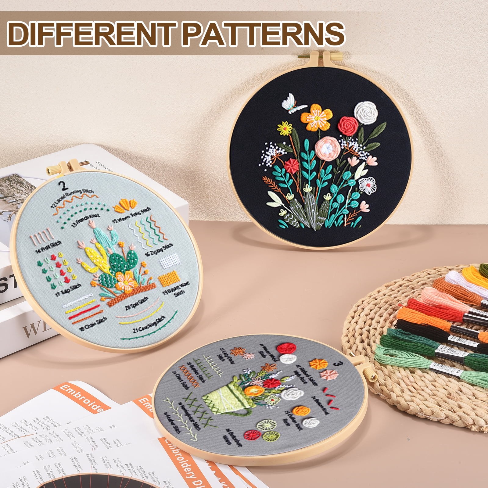 3 Pack Embroidery Kit for Beginners, Cross Stitch Kits with Stamped Practice Flowers Patterns with 20cm Hoop & Colorful Threads for Adults DIY Sewing Supplies