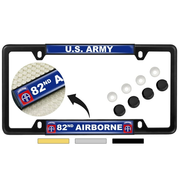 [Officially Licensed Product] - U.S. Army 82nd Airborne Division - Domed Custom-Made Personalized Narrow (Thin) Top 4 Hole Metal Car License Plate Frame with Free caps - Black (Qty: 1 Frame)