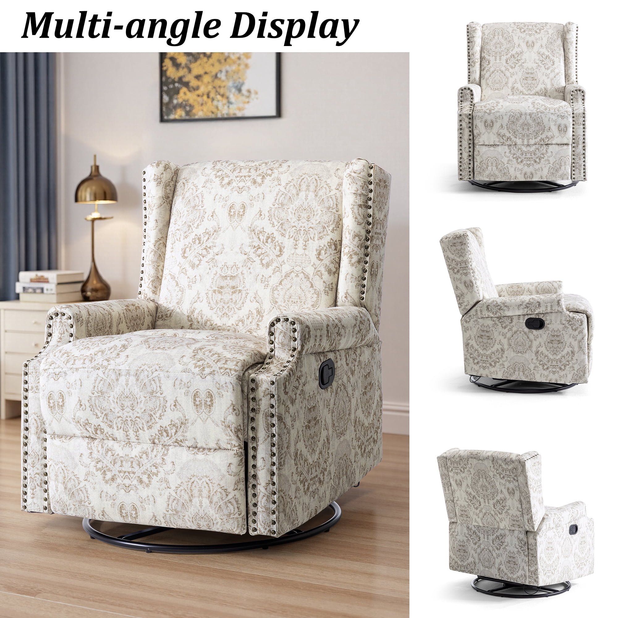 DREAMSIDEA Recliner Swivel Glider Rocker Nursery Chair for Adults, High Back Upholstered Rocking Armchair for Living Room, Manual Reclining Sofa Lounge Chair with Deep Seat in Fabric - Beige