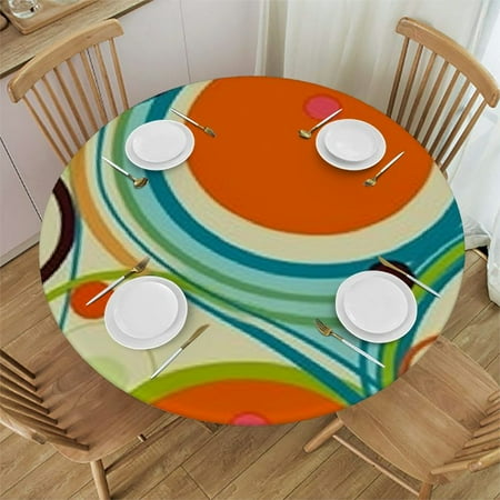 

Retro Abstract Mid Century Round Tablecloth Elastic Fitted Table Cover Washable Elastic Edge Tablecloths for Kitchen Dining Party Fitted Table inch