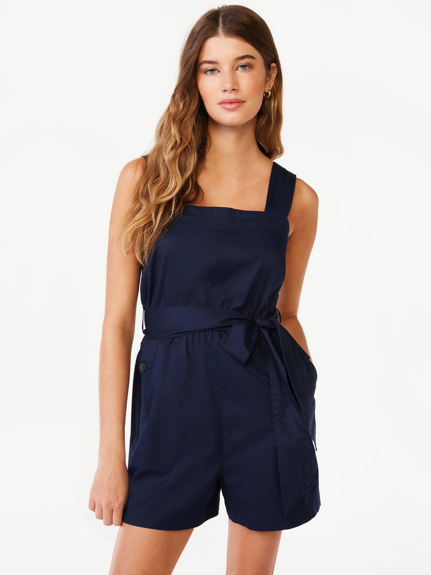 Free Assembly Women's Sleeveless Square Neck Romper with Belt