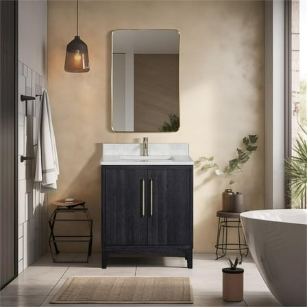 Vinnova Gara 30" Wood Single Bath Vanity in Black/White Grain Composite Stone