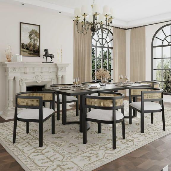 GDF Studio Modern 7-Piece Dining Set with U-Shaped Trestle Base Table and Round-Back Wood Chairs