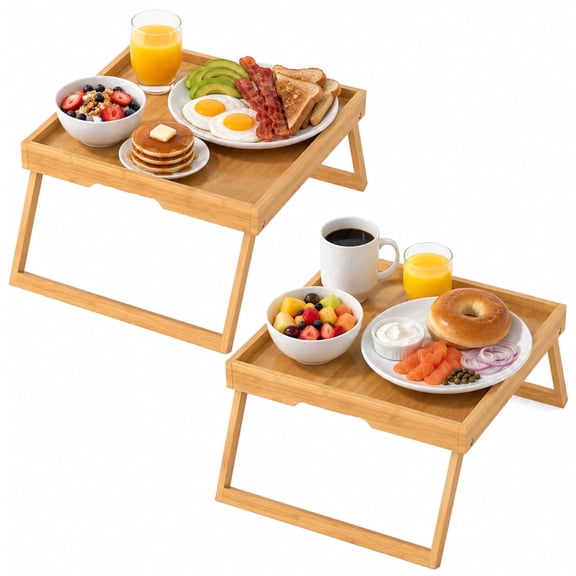 Lorveina 2 Pack Bamboo Bed Tray Table with Foldable Legs Breakfast Serving Tray Laptop Desk for Sofa Bed Eating Working Snacks Natural