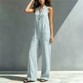 thumbnail image 4 of Ke1Clo Spring Fall Jumpsuits for Women Casual Wide Leg V-Neck Sleeveless Button Front Jumpsuits Full Length Flowy Pocket Lounge Jumpsuit Blue S, 4 of 7