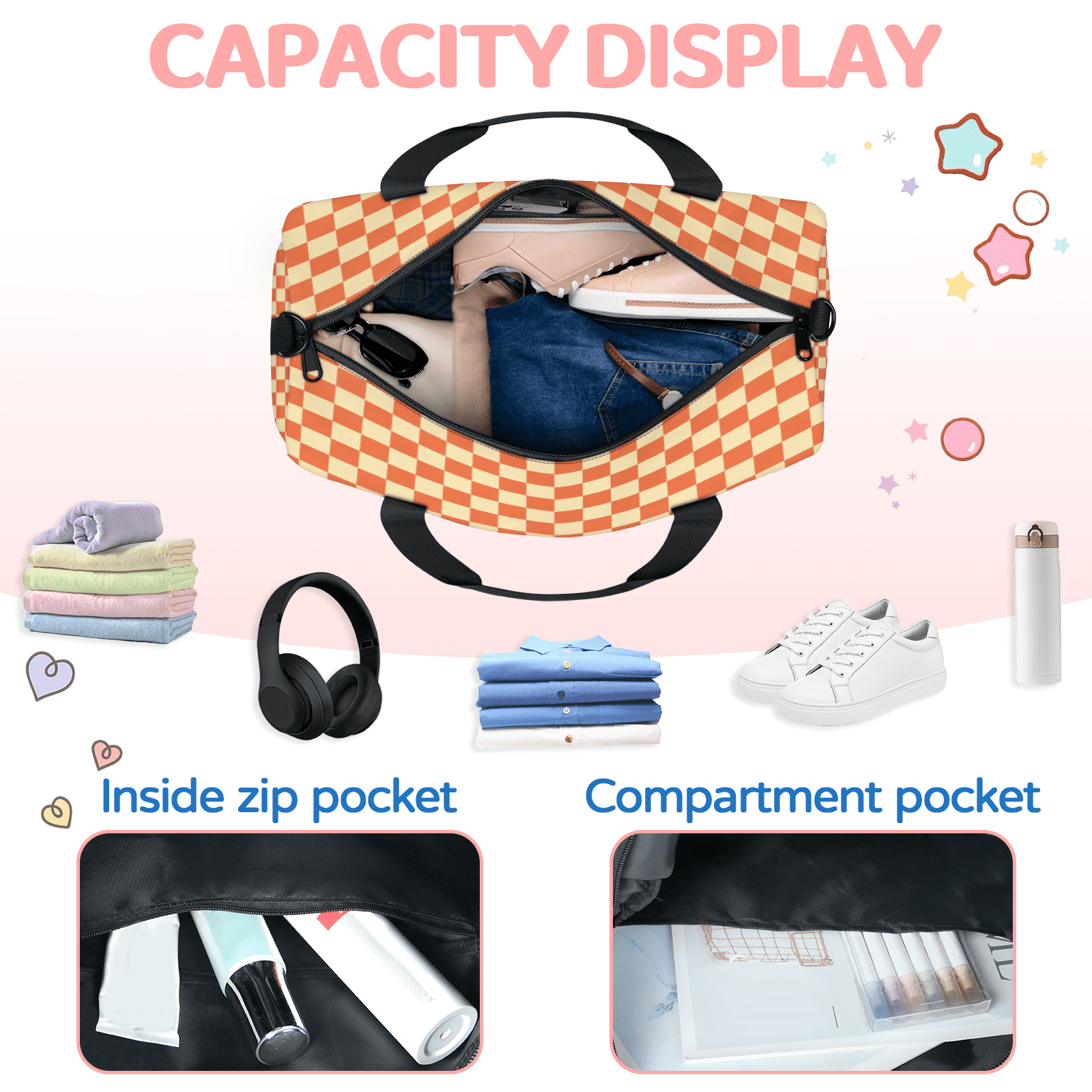 Herdesigns Checkerboard Orange Travel Duffle Bag Sports Yoga Weekender Overnight Carry on Workout Bags Lightweight Waterproof Gym Tote Bag for Women