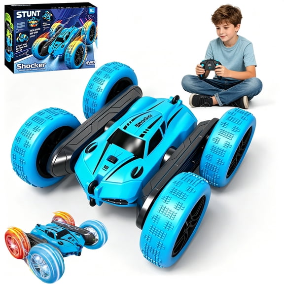 HNH Remote Control Stunt Car, 4WD 360° Flip Double‑Sided RC Cars Toys for Kids Ages 4-12, 2 Batteries, Blue