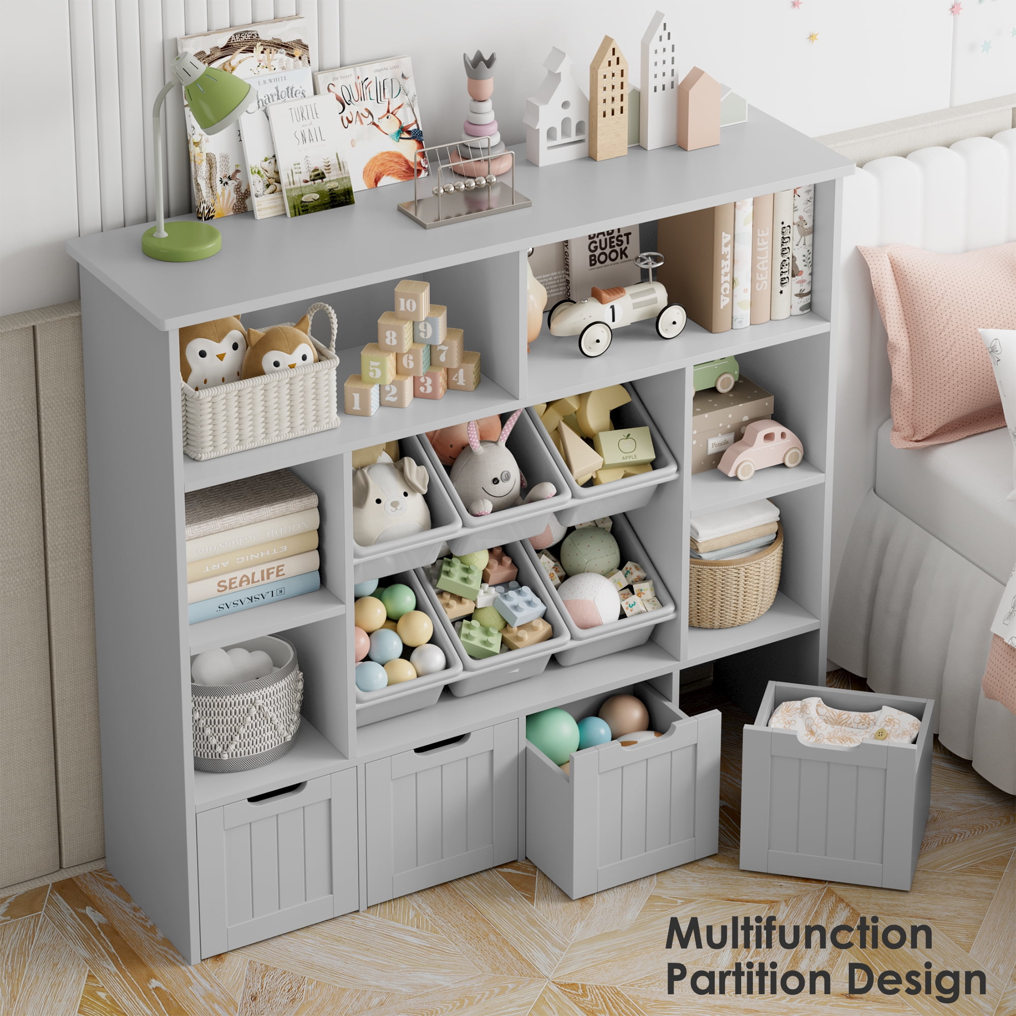Hiphuta Large 4 Tier Kids Bookcase, Wood Toy Organizer of 6 Boxes & 4 Removable Drawers, Bookshelf for Kids Room Classroom, Grey