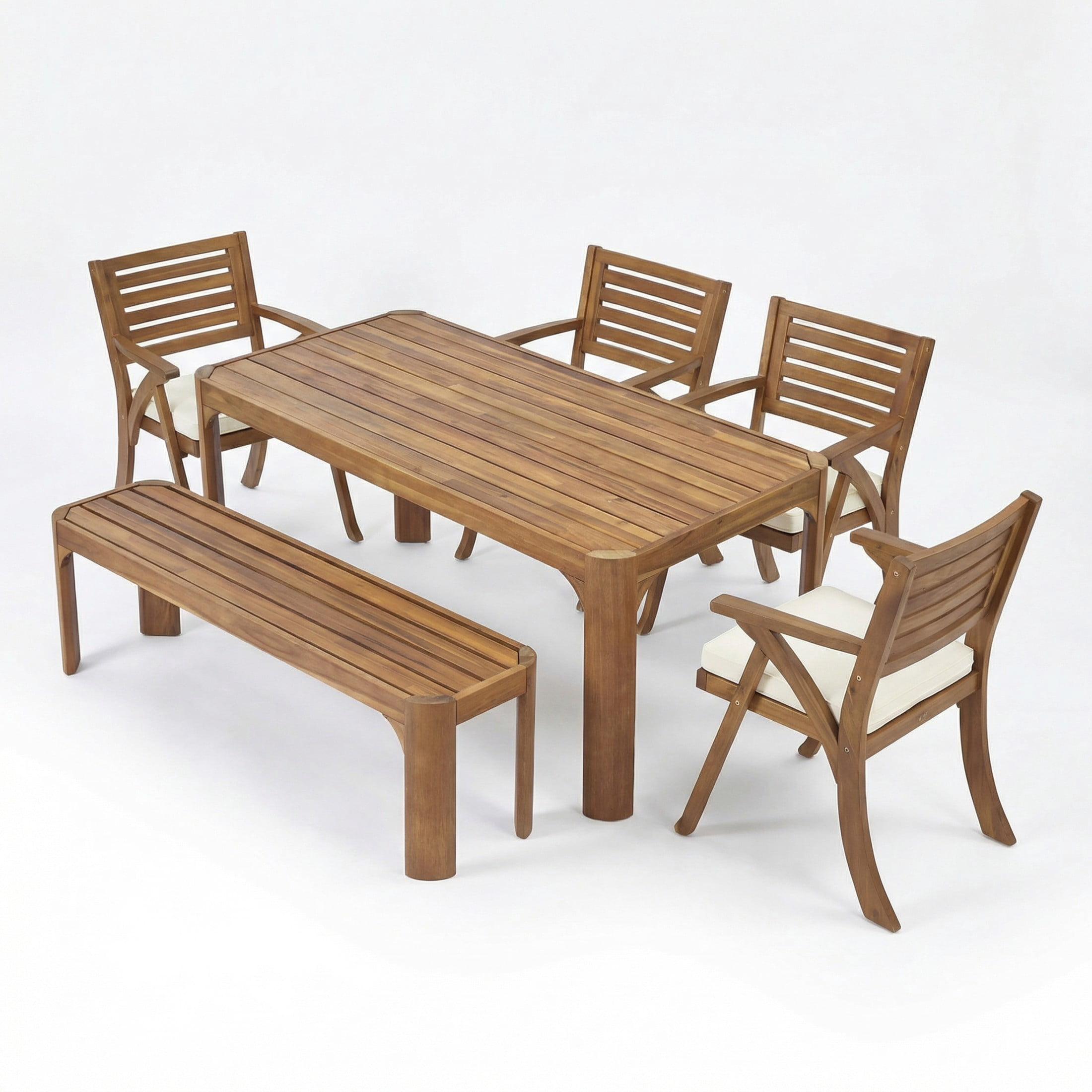 Christopher Knight Home 6-Piece Outdoor Acacia Wood Dining Set for 6 People, Cream Cushion, Teak Finish