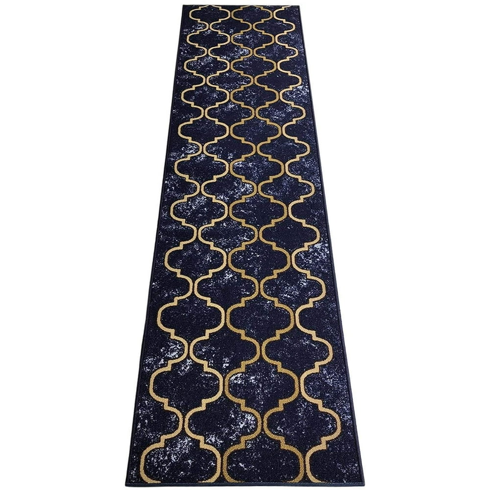 Moroccan Trellis Design Navy Blue Rug Runner Printed Slip Resistant