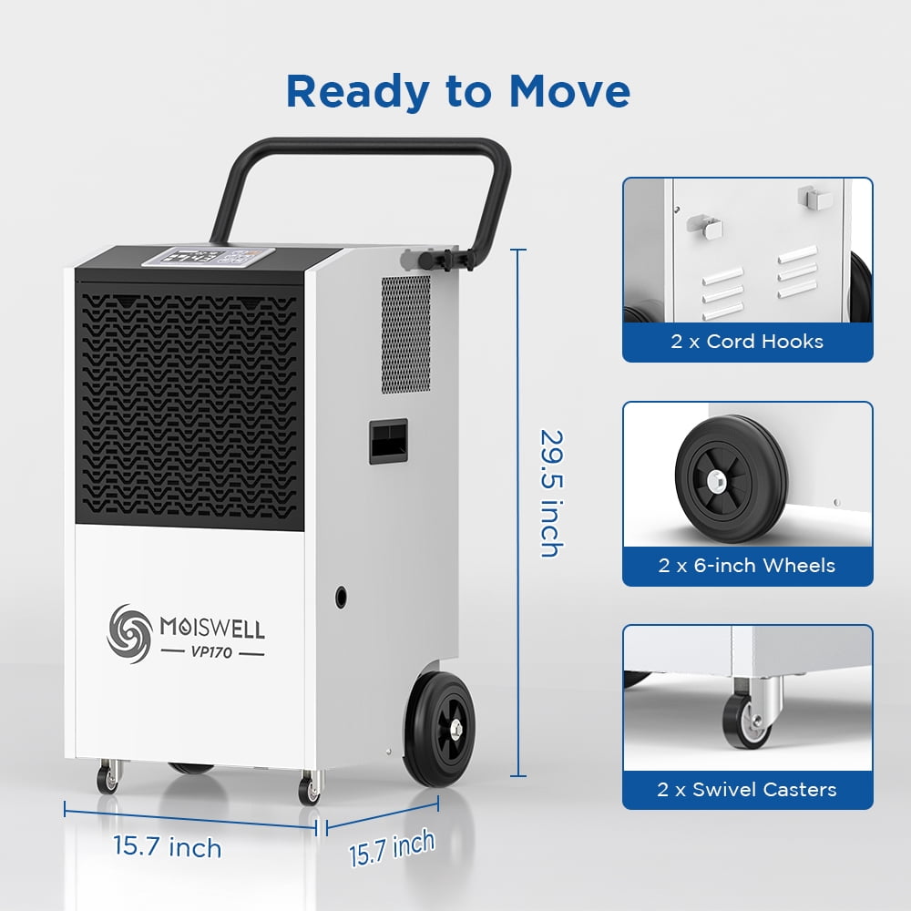 Moiswell 170-Pint Commercial Dehumidifier with Pump - Covers Large Spaces up to 7,500 Sq Ft