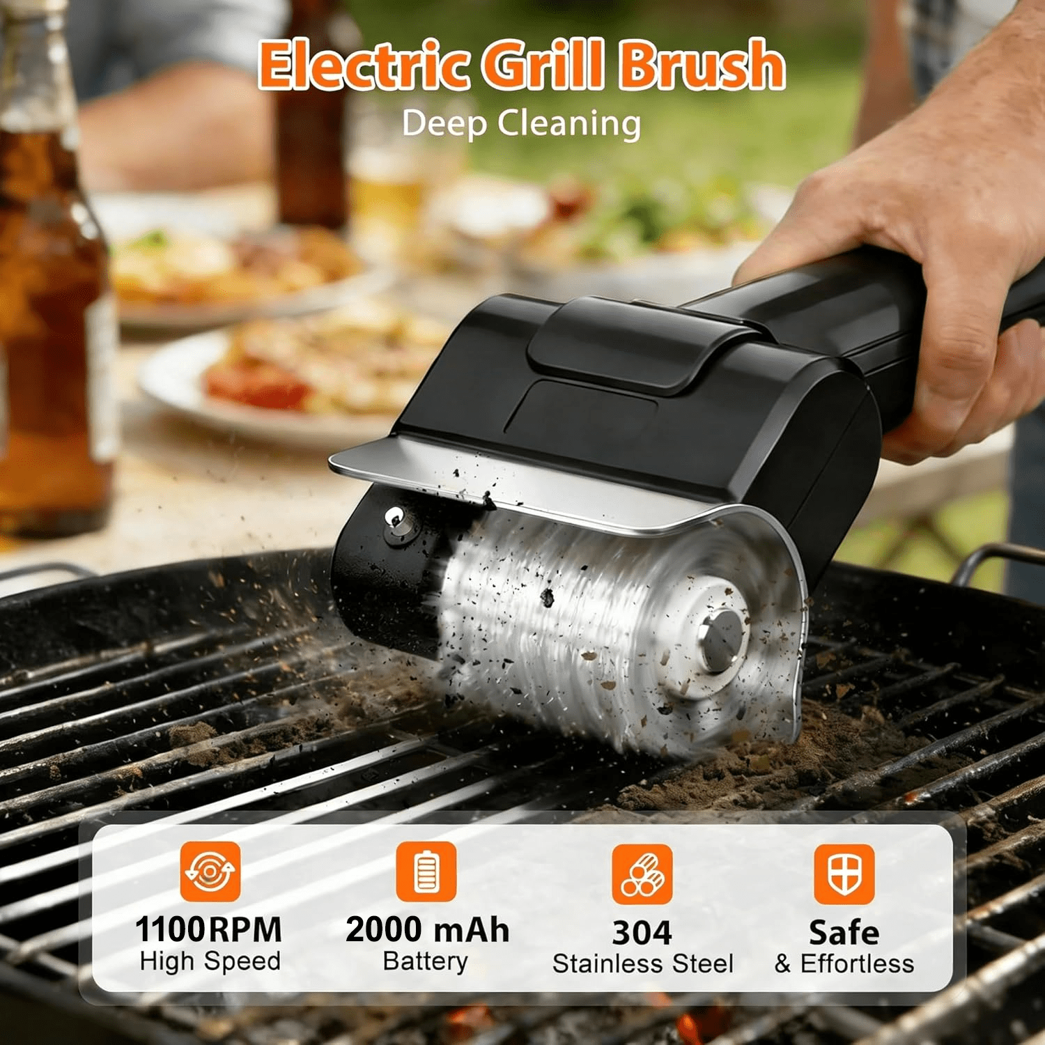Merryhome Cordless Electric Grill Brush,Rechargeable-1100PRM-High Speed Rotating Grill Cleaner with 304 Stainless Steel Brush Head,Grill Cleaner for BBQ Grates & Griddles,BBQ Father's Day Gift